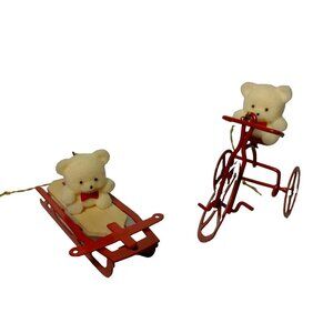 Vintage Flocked Bears Chritsmas Ornaments White Red Sled Bike Pennyfarthing Pair